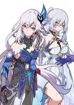  2girls bare_shoulders blue_dress chinese_commentary commentary_request cosplay costume_switch dress genshin_impact gloves grey_hair hair_between_eyes hair_ornament halter_dress halterneck highres honkai:_star_rail honkai_(series) jingliu_(honkai:_star_rail) jingliu_(honkai:_star_rail)_(cosplay) long_hair looking_at_viewer mihoyo multiple_girls pink_eyes simple_background skirk_(genshin_impact) skirk_(genshin_impact)_(cosplay) standing very_long_hair white_background white_dress yuelinpanp98413 