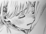 1girl absurdres blush choppy_bangs closed_eyes ear_blush eyelashes graphite_(medium) hair_behind_ear hair_ornament hairclip highres kaoru_hana_wa_rin_to_saku long_hair lower_teeth_only mikami_saka monochrome nose_blush official_art parallel_hairclips parted_lips photo_(medium) profile raised_inner_eyebrows sidelocks solo straight_hair swept_bangs teeth traditional_media waguri_kaoruko 