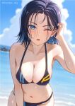  1girl ;o alternate_costume artist_name bare_shoulders bikini black_bikini black_hair blush breasts cleavage commentary_request comoli_harcourt gundam gundam_gquuuuuux highres kanden_sky large_breasts looking_at_viewer mole mole_under_eye navel one_eye_closed paid_reward_available short_hair swimsuit twitter_username 