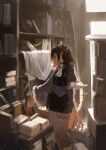 1girl absurdres ascot black_hair black_skirt black_vest book book_stack bookshelf brown_hair cabinet closed_eyes colored_inner_hair commentary commission cropped_vest doorway feet_out_of_frame file_cabinet frilled_sleeves frills glasses globe grey_shirt highres holding holding_book indie_virtual_youtuber indoors ladder long_sleeves looking_to_the_side medium_hair multicolored_hair pointy_ears profile round_eyewear sawararado shirt skeb_commission skirt solo spuwkie standing symbol-only_commentary thigh_marking vest virtual_youtuber white_ascot wide_sleeves 