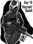  2020 bikini bikini_bottom bikini_top breasts cleavage clothed clothing cosplay crossover crossover_cosplay female gas_mask greyscale gun hi_res holding_gun holding_object holding_weapon hollow_knight hornet_(hollow_knight) humanoid konami mask metal_gear monochrome nudiedoodles portrait quiet_(metal_gear) ranged_weapon rifle sniper_rifle solo swimwear team_cherry three-quarter_portrait video_games weapon 