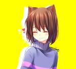  1other animal_ears arms_at_sides artist_name blue_hair blue_sweater blush brown_hair cat_ears closed_eyes closed_mouth colored_inner_hair commentary english_commentary facing_ahead frisk_(undertale) heart kemonomimi_mode multicolored_hair other_focus painttool_sai_(medium) pink_sweater sasucchi95 short_hair simple_background smile solo striped_clothes striped_sweater sweater undertale upper_body yellow_background 