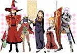  2boys 3girls :d :t absurdres argyle_background armor armored_boots arms_up black_boots black_hair black_robe black_sandals black_shoes blonde_hair blue_eyes boots bow breastplate brown_boots bushidou_(sekaiju) bushidou_2_(sekaiju) bushidou_2_(sekaiju)_(cosplay) cape capelet chain clenched_teeth closed_mouth cosplay costume_switch crossdressing crown curse_maker curse_maker_1 curse_maker_1_(cosplay) doctor_magus doctor_magus_4 doctor_magus_4_(cosplay) dress flat_cap green_hat green_shirt grey_hair grey_pants hakama hakama_skirt hand_on_own_hip hands_on_headwear hat hat_bow highres holding holding_shield holding_staff holding_sword holding_weapon hood hood_up hooded_robe japanese_clothes knee_boots ladder_lottery long_hair mini_crown multiple_boys multiple_girls navel nervous_smile nikki_kyousuke paladin_(sekaiju) paladin_2_(sekaiju) paladin_2_(sekaiju)_(cosplay) pants pauldrons pink_bow ranger_(sekaiju) ranger_1_(sekaiju) ranger_1_(sekaiju)_(cosplay) red_cape red_capelet red_dress red_eyes red_hakama red_hat ringlets robe sandals sarashi sekaiju_no_meikyuu shield shirt shoes shoulder_armor skirt smile staff sword teeth torn_cape torn_clothes translation_request trembling v-shaped_eyebrows very_long_hair weapon white_background witch_hat zouri 