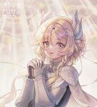  1girl armor blonde_hair dogmatika_ecclesia_the_virtuous duel_monster ecclesia_(yu-gi-oh!) facial_mark forehead_mark highres horns light_rays looking_at_viewer own_hands_clasped own_hands_together solo tubering upper_body watermark white_armor yu-gi-oh! 