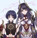  1boy 1girl armor arms_at_sides asymmetrical_clothes black_hair black_shirt blunt_bangs blunt_ends breasts brother_and_sister closed_mouth cropped_shirt delisha_lia doll_joints electro_symbol_(genshin_impact) eyelashes eyeliner eyeshadow fake_horns genshin_impact gold grey_pupils height_difference helmet highres horns japanese_armor joints kabuto_(helmet) leaning_to_the_side long_hair looking_at_another looking_at_viewer makeup mitsudomoe_(shape) mole mole_under_eye multicolored_hair purple_eyes purple_hair purple_pupils purple_shrug raiden_shogun raiden_shogun_(magatsu_mitake_narukami_no_mikoto) red_eyeliner red_eyeshadow red_rope rope scaramouche_(genshin_impact) scaramouche_(shouki_no_kami)_(genshin_impact) shirt siblings signature single_sode sleeveless sleeveless_shirt smile split_mouth streaked_hair string swept_bangs tomoe_(symbol) very_long_hair white_background wispy_bangs 