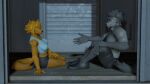  3d_(artwork) alpha_and_omega anthro blue_eyes bottomwear boxcar canid canine canis clothing digital_media_(artwork) duo eye_contact female fur grey_body grey_fur hi_res humphrey kate_(alpha_and_omega) looking_at_another male mammal petruz_(copyright) shorts sitting smile source_2_filmmaker source_filmmaker talking_to_another train vehicle wolf wolfikous yellow_eyes 