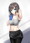  1girl absurdres arm_up armpits bangs blue_eyes bottle breasts collarbone fingernails grey_hair highres holding holding_bottle looking_at_viewer navel original ryuudg shadow short_hair short_shorts shorts signature simple_background small_breasts smile sports_bra sportswear stomach sweat thighhighs water_bottle white_background 
