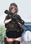  1girl absurdres arc_de_triomphe assault_rifle beret black_gloves black_headwear black_skirt black_thighhighs blurry blurry_background brown_hair bulletproof_vest bullpup cowboy_shot eiffel_tower famas france gloves gun hat highres holding holding_gun holding_weapon landmark load_bearing_equipment load_bearing_vest magazine_(weapon) military miniskirt original outdoors paris pleated_skirt red_eyes rifle rynn_(rynn_cube) short_hair skirt standing tactical_clothes thigh_strap thighhighs walkie-talkie weapon 