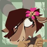  accessory animated anthro beat blush bovid brown_body caprine female finger_spin flower flower_in_hair goat hair hair_accessory icon looking_aside mammal meme_pose plant red_hair roksim smile solo 