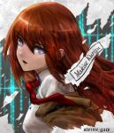  1girl :d bangs brown_hair character_name collared_shirt copyright_name floating_hair from_side hair_between_eyes highres long_hair makise_kurisu necktie open_mouth purple_eyes red_necktie shirt smile solo steins;gate sterben straight_hair white_shirt wing_collar 