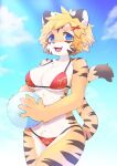  2022 5_fingers anthro bikini blonde_hair blue_eyes breasts brown_body brown_fur claws cleavage clothed clothing fangs felid female finger_claws fingers fuo_(hanadaiteol) fur hair hanadaiteol hi_res holding_object kemono looking_at_viewer mammal multicolored_body multicolored_fur multicolored_tail open_mouth pantherine portrait short_hair solo swimwear teeth three-quarter_portrait tiger tongue white_body white_fur yellow_body yellow_fur 