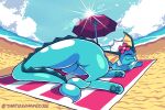  absurd_res ambiguous_gender beach beach_towel beach_umbrella blue_body eeveelution feral fish_tail flower frill_(anatomy) hi_res lens_flare nintendo on_towel paws plant pok&eacute;mon pok&eacute;mon_(species) sand seaside signature solo thatguynamedjoe thick_tail thick_thighs towel vaporeon video_games 