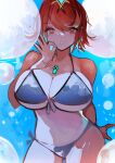  1girl absurdres alternate_costume bangs bikini breasts bubble chest_jewel cleavage highres large_breasts pyra_(xenoblade) red_eyes red_hair short_hair solo swept_bangs swimsuit tarbo_(exxxpiation) underwater xenoblade_chronicles_(series) xenoblade_chronicles_2 