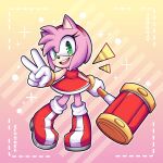  2021 5_fingers accessory amy_rose anthro boots clothing eruu_nek eulipotyphlan female fingers footwear gloves green_eyes hair_accessory hairband hammer handwear hedgehog hi_res mammal open_mouth open_smile sega signature smile solo sonic_the_hedgehog_(series) tools 