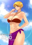  1girl bangs bare_arms bare_shoulders bikini blonde_hair blue_eyes blue_sky blush breasts character_name cleavage cloud cloudy_sky collarbone commentary copyright_name day earrings fingernails halterneck hand_on_hip highleg highleg_bikini highres jewelry king_(snk) lips looking_at_viewer medium_breasts navel o-ring o-ring_bikini outdoors parted_lips ryuuko_no_ken sarong shiny shiny_hair short_hair simple_background sk_(sk-g) sky solo stomach sunlight swimsuit the_king_of_fighters thighs 