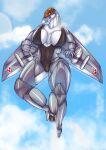  absurd_res aircraft anthro anthro_to_humanoid big_breasts body_writing breasts brown_eyes catniped clothing cloud female francine_sikorska grey_body hi_res living_aircraft living_machine living_vehicle looking_at_viewer machine missile multicolored_body simple_background smile solo swimwear thick_thighs thigh_clothing two_tone_body vehicle weapon wheels white_bodysuit white_oyster wings 