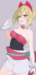  1girl absurdres arm_wrap blonde_hair blue_eyes fanning_self hairband highres irida_(pokemon) jewelry natsuki_straight neck_ring pokemon pokemon_(game) pokemon_legends:_arceus red_hairband red_shirt shirt shorts simple_background solo strapless strapless_shirt waist_cape white_background white_shorts 