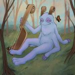  2022 arthropod big_blue_bubble blue_body blue_fur bowgart butterfly colored detailed detailed_background digital_media_(artwork) forest fur hi_res horn humanoid insect lepidopteran male monster musical_instrument my_singing_monsters plant signature sikaydah sitting solo tree video_games 