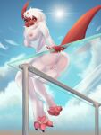  absol absurd_res anthro breasts butt cloud feet female fur genitals glass_table hi_res looking_at_viewer looking_down nintendo pawpads paws pok&eacute;mon pok&eacute;mon_(species) pussy raised_tail ringstudios rose_duskclaw shiny_pok&eacute;mon sky solo spread_toes sun toes video_games white_body white_fur 