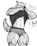  abs anthro beastars big_muscles canid canine canis clothed clothing clothing_lift dialogue duo fur giant_panda gouhin_(beastars) hi_res kinaruoopsy legoshi_(beastars) male mammal monochrome multicolored_body multicolored_fur muscular muscular_male muscular_thighs scar shirt shirt_lift thick_thighs topwear two_tone_body two_tone_fur underwear ursid wolf 