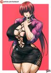  1girl areola_slip bangs batako_(pixiv54063972) breasts cleavage cleavage_cutout clothing_cutout collarbone cropped_jacket curvy hair_over_eyes highres huge_breasts long_hair looking_at_viewer mature_female muscular muscular_female navel no_bra plump shermie_(kof) snk solo split_ponytail the_king_of_fighters the_king_of_fighters_xv thighs 