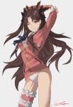  1girl absurdres arms_behind_head arms_up blue_ribbon brown_hair casual_one-piece_swimsuit fate/grand_order fate_(series) floating_hair grey_background grin groin highres ishtar_(fate) ishtar_(swimsuit_rider)_(fate) jacket long_hair long_sleeves looking_at_viewer one-piece_swimsuit one_eye_closed partially_unzipped pink_jacket red_eyes ribbon sears_(xmzk3288) shiny shiny_hair signature simple_background smile solo standing swimsuit very_long_hair white_swimsuit 