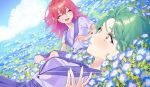  2girls :d blush bug closed_eyes facing_another field flower flower_field green_hair highres ikesawa_99 insect_on_nose ladybug lying multiple_girls nemophila_(flower) on_back open_mouth original outdoors red_hair scenery school_uniform sky smile 