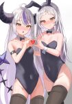  2girls absurdres animal_ears black_bow black_thighhighs blush bow breasts cleavage collar covered_navel demon_girl demon_horns demon_tail fake_animal_ears fang heart heart_hands heart_hands_duo highres hololive horns la+_darknesss long_hair looking_at_viewer multicolored_hair multiple_girls murasaki_shion navel playboy_bunny pointy_ears purple_hair rabbit_ears rabbit_tail skin_fang small_breasts streaked_hair tail thighhighs virtual_youtuber white_collar white_hair wrist_cuffs yellow_eyes youyoukai 