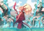  2022 absurd_res anthro blonde_hair breasts clothing cloud day detailed_background digital_media_(artwork) dragon female hair hi_res holding_polearm horn looking_at_viewer melee_weapon outside polearm razulia_(trololohstuffs) side_view smile solo standing_in_water trialestis water waterfall weapon 