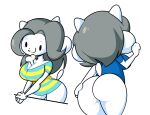  anthro big_breasts big_butt blush bone bottomless breasts butt canid canine canis cleavage clothed clothing domestic_dog dot_eyes ekkokenight female grey_hair hair hand_on_butt hi_res mammal object_between_breasts shirt smile solo tem temmie_(undertale) thick_thighs topwear undertale undertale_(series) video_games white_body 