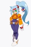  1girl ashe_(mega_man) blue_hair bodysuit capcom commentary_request full_body gloves green_eyes headband high_ponytail kaidou_zx long_hair looking_at_viewer mega_man_(series) mega_man_zx mega_man_zx_advent ponytail smile solo standing very_long_hair 