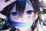  1girl bangs blue_eyes blurry bug butterfly close-up commentary covered_mouth crossed_bangs hair_between_eyes highres light_particles looking_at_viewer moon_so_00 original portrait solo tagme water_drop 