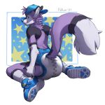  anthro biped blue_clothing blue_hat blue_headwear blue_nose canid canine canis clothed clothing diaper footwear foxehhyz fur hat headgear headwear hi_res male mammal purple_body purple_fur shoes solo solo_focus topless topless_male wolf 