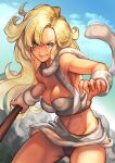  1girl abs asymmetrical_bangs ayla_(chrono_trigger) bangs bare_shoulders blonde_hair blue_eyes breasts cat_tail chrono_trigger cleavage fighting_stance fur fur_trim grey_shirt grey_skirt grin hinoru_saikusa holding holding_weapon large_breasts long_hair looking_at_viewer midriff muscular muscular_female navel outdoors panties pantyshot parted_bangs shirt skirt sky smile solo tail teeth underwear upper_body wavy_hair weapon wrist_cuffs 