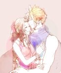  1boy 1girl aerith_gainsborough arms_around_waist bangle bangs bare_arms belt blonde_hair blue_shirt bracelet braid braided_ponytail breasts brown_hair choker closed_eyes cloud_strife couple dress earrings final_fantasy final_fantasy_vii hair_between_eyes hair_ribbon hand_on_another&#039;s_arm hand_on_another&#039;s_chest highres jacket jacket_removed jewelry long_hair medium_breasts muscular muscular_male open_mouth parted_bangs pink_dress ribbon shirt short_hair sidelocks single_earring sleeveless sleeveless_dress sleeveless_turtleneck smile spiked_hair teeth turtleneck upper_body upper_teeth wavy_hair yco_030601 