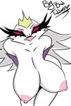  absurd_res anthro aptom7747 avian beak big_breasts bird breasts claws crown demon female fur helluva_boss hi_res huge_breasts looking_at_viewer mature_female nipples non-mammal_breasts owl simple_background smile solo stella_(helluva_boss) white_body white_fur 