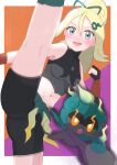  1girl :d bangs bike_shorts black_gloves black_shirt blonde_hair blurry blush border breasts clenched_hand commentary_request eyelashes fingerless_gloves gloves green_eyes hair_between_eyes highres kion_(namarock8686) korrina_(pokemon) leg_up long_hair marshadow navel official_alternate_costume open_mouth pokemon pokemon_(creature) pokemon_(game) pokemon_masters_ex shirt sleeveless sleeveless_shirt smile teeth tongue upper_teeth white_border 