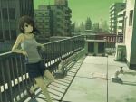  1girl air_conditioner billboard black_hair brown_hair building camisole can city cityscape commentary drink holding holding_can holding_drink industrial_pipe kensight328 leaning_on_rail original outdoors railing revision scenery short_shorts shorts slippers solo 