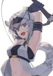  1girl animal_ears arknights armband armpits arms_up black_bandeau cabbie_hat checkered_clothes checkered_headwear cliffheart_(arknights) fang grey_eyes grey_hair hat infection_monitor_(arknights) kegani_(kegani01) leopard_ears leopard_girl leopard_tail looking_at_viewer midriff navel open_mouth short_hair simple_background sleeveless_duster smile solo tail white_background 