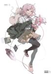  1girl :o absurdres backpack bag bangs black_thighhighs blunt_bangs blurry brown_skirt cable chinese_commentary collared_shirt commentary_request danganronpa_(series) danganronpa_2:_goodbye_despair depth_of_field flying_sweatdrops from_side full_body green_jacket handheld_game_console highres holding holding_handheld_game_console jacket jacket_partially_removed leg_up long_sleeves looking_at_viewer malattia mary_janes monomi_(danganronpa) nanami_chiaki neck_ribbon nintendo_ds open_mouth pink_eyes pink_footwear pink_hair pink_ribbon ribbon shirt shoes short_hair simple_background skirt solo standing standing_on_one_leg thighhighs white_background white_shirt 