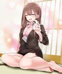  1girl alcohol beer blush closed_eyes collared_shirt commentary_request formal highres legs light_brown_hair long_hair no_shoes office_lady ol-chan_(oouso) oouso original pantyhose shirt sitting skirt skirt_suit solo suit white_pantyhose yokozuwari 