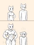  abs anonymous_character anthro biceps blush breasts cheek_tuft dot_eyes duo e4hargus ears_down eyelashes facial_tuft featureless_breasts felid feline female growth hand_on_hip hi_res male mammal muscle_growth muscular muscular_anthro muscular_female notched_ear pecs pivoted_ears procyonid raccoon simple_background size_difference smile thick_thighs transformation tuft white_body wide_hips 