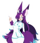  animal_humanoid big_ears breasts canid canid_humanoid canine canine_humanoid ear_tuft eyewear female fox fox_humanoid fur glasses hair hi_res horn humanoid long_hair mammal mammal_humanoid markings mitch_(tits) multi_tail multicolored_tail purple_body purple_fur sionach skintight_suit small_breasts solo teal_eyes tuft unknown_artist whisker_markings 