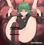  1girl 2022 ahoge artist_name bangs bar_censor black_dress breasts censored clenched_teeth colored_skin dress green_eyes green_hair highres huge_penis imminent_penetration imminent_rape interspecies legs_up long_sleeves medium_hair no_panties one-punch_man penis pig_boy red_background red_skin rikume shiny shiny_clothes shiny_hair small_breasts tatsumaki teeth 