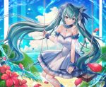  1girl aqua_eyes aqua_hair bangs bare_shoulders breasts cleavage detached_collar detached_sleeves dress earrings flower frilled_dress frills hatsune_miku highres jewelry long_hair looking_at_viewer medium_breasts mirukurim ocean petals see-through see-through_sleeves sitting solo strapless swing twintails very_long_hair vocaloid water wrist_cuffs 