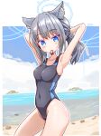  1girl animal_ear_fluff animal_ears arms_behind_head bangs beach black_swimsuit blue_archive blue_eyes blue_sky breasts cloud commentary_request competition_swimsuit contrapposto covered_navel cross_hair_ornament day extra_ears grey_hair hair_ornament halo horizon looking_at_viewer low_ponytail maiku medium_breasts medium_hair mismatched_pupils mouth_hold multicolored_clothes multicolored_swimsuit ocean one-piece_swimsuit outdoors rubber_band shiroko_(blue_archive) shiroko_(swimsuit)_(blue_archive) sky solo swimsuit 
