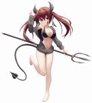  1girl absurdres arm_up bangs barefoot bikini black_bikini black_jacket black_ribbon breasts brown_eyes brown_hair commentary crossed_bangs demon_girl demon_horns demon_tail evil_grin evil_smile full_body grin hair_ribbon halterneck hand_up highres holding_trident horns isanghun11 jacket large_breasts leg_up light_blush long_hair looking_at_viewer nail_polish navel no_shirt original partially_unzipped red_nails ribbon smile solo standing standing_on_one_leg swimsuit tail teeth toenails twintails v 