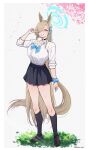  1girl alternate_animal_ears alternate_species anandaname animal_ears asuna_(blue_archive) asuna_(school_uniform)_(blue_archive) black_shoes black_skirt black_socks blonde_hair blue_archive blue_bow blue_bowtie blue_eyes blue_halo blue_ribbon blush bow bowtie breasts cherry_blossoms choker cleavage collarbone extra_ears full_body grin hair_over_one_eye hair_ribbon halo highres horse_ears horse_girl horse_tail large_breasts long_hair looking_at_viewer on_grass pleated_skirt ribbon scrunchie shirt shoes skirt sleeves_rolled_up smile socks solo tail thighs umamusume v very_long_hair white_shirt wrist_scrunchie 