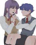  1boy 1girl aged_down black_shorts black_skirt blue_eyes blue_hair blush brother_and_sister brown_vest child closed_mouth commentary crossed_arms fate/stay_night fate_(series) flying_sweatdrops grey_sweater grey_sweater_vest hair_ribbon highres homurabara_academy_school_uniform long_hair long_sleeves looking_at_another matou_shinji momoka_(abc_momoka0718) necktie open_clothes open_mouth purple_eyes purple_hair red_necktie ribbon school_uniform shirt short_hair shorts siblings sidelocks simple_background skirt smile step-siblings sweater sweater_vest teeth time_paradox upper_teeth_only vest white_background white_shirt 