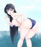  1girl :d absurdres arato_nagi ass bent_over bikini black_hair blue_bikini blue_sky blush breasts day ear_piercing earrings hanging_breasts highres holding holding_rock jewelry large_breasts long_hair looking_at_viewer mature_female ocean open_mouth osage_gankyou outdoors piercing purple_eyes rock ruri_no_houseki sky smile solo stud_earrings swimsuit wet 